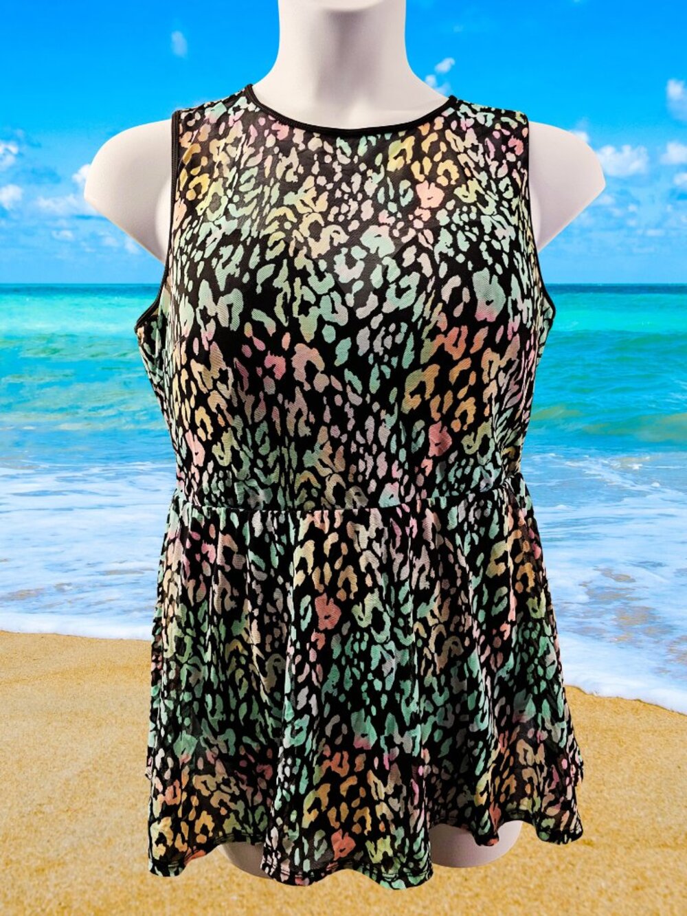 Torrid Size 1 Swim Dress Mesh Overlay Multicolor Print One Piece Swimsuit 1XL